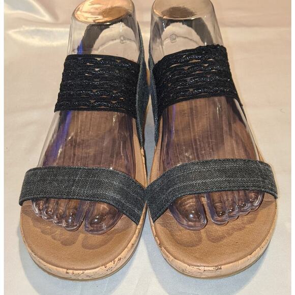 Skechers Womens Black Luxe Foam Brie Sandals Cork Wedge Denim Strap Casual Sz 7 - Picture 3 of 10